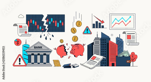 Financial crisis concept with broken piggy bank and falling stocks