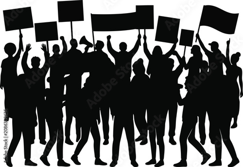 Obraz na płótnie Silhouette of Protest Crowd Holding Blank Signs at Demonstration Rally