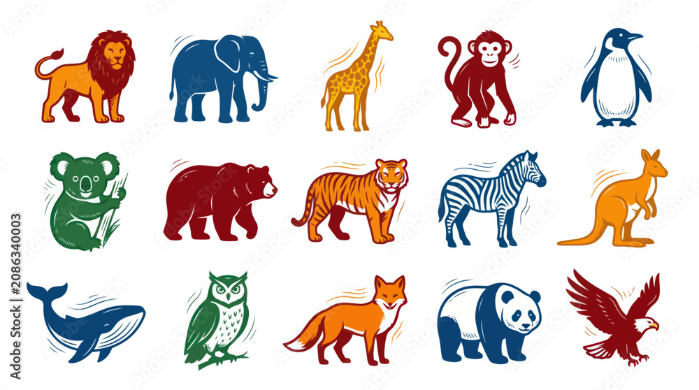 Obraz premium Stylized Graphic Illustrations of Wild Animals. Diverse Zoo Wildlife Vector Icons Collection.
