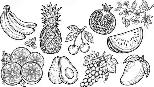 Konstfotografi Antique Orchard Fruit Engraving Collection with Vintage Banana, Pineapple, Cherr