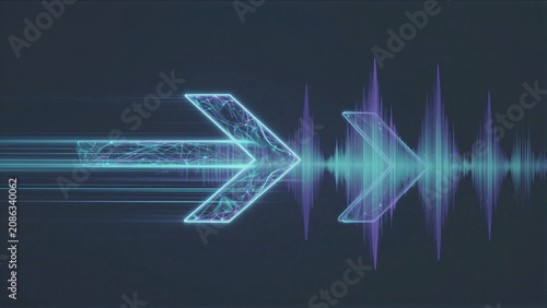 Neon arrows pulse with digital energy, echoing sound waves across a dark futuristic canvas.