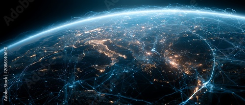 Futuristic AI satellite network surrounding Earth, intelligent orbital communication, glowing satellites,