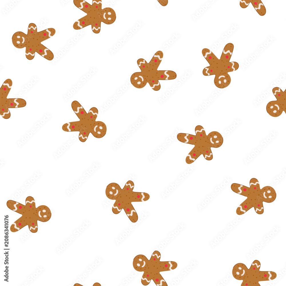 Fototapeta premium pattern gingerbread man cookie standing seamless on white, decorated with white icing smile, wavy lines on arms and legs, and red sugar dots, representing a festive seasonal treat