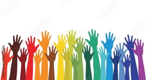 Diverse group of hands in a rainbow of colors raised high as a symbol of diversity, inclusion, and community support.