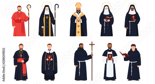 Collection of catholic clergy including a cardinal, pope, bishops, priests, and nuns in various traditional religious vestments and habits.
