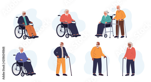 Collection of diverse senior citizens using various mobility aids including wheelchairs, walkers, and canes for independence and care.
