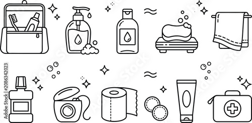 Fotografía Personal care hygiene line icons set featuring toiletry bag soap bottle towel de