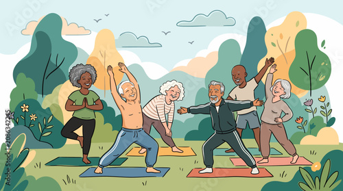 group of smiling senior citizens of different ethnicities practicing yoga on colorful mats in a serene park with trees, flowers, and a cloudy sky.