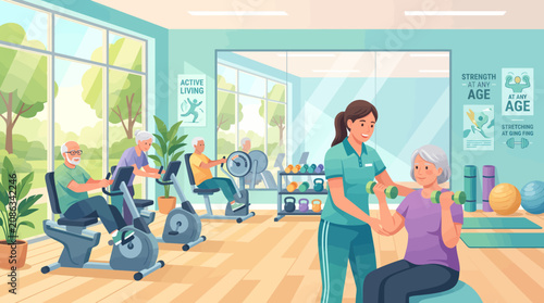 group of senior citizens engaging in various exercises at a gym, guided by a fitness instructor. The scene depicts a modern, well-equipped gym with a cheerful atmosphere.