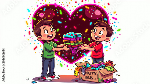 Two Boys Sharing Donated Clothes with Heart Background