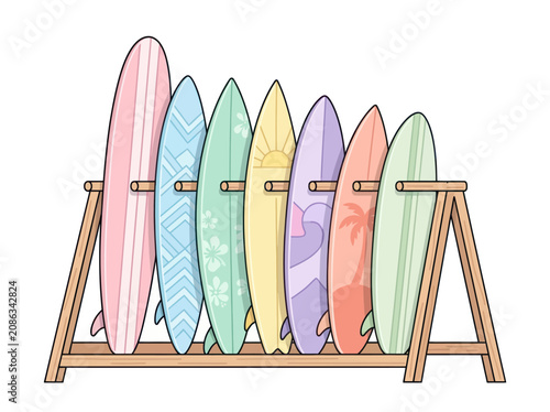 Row of colorful surfboards on a wooden rack with cartoon style