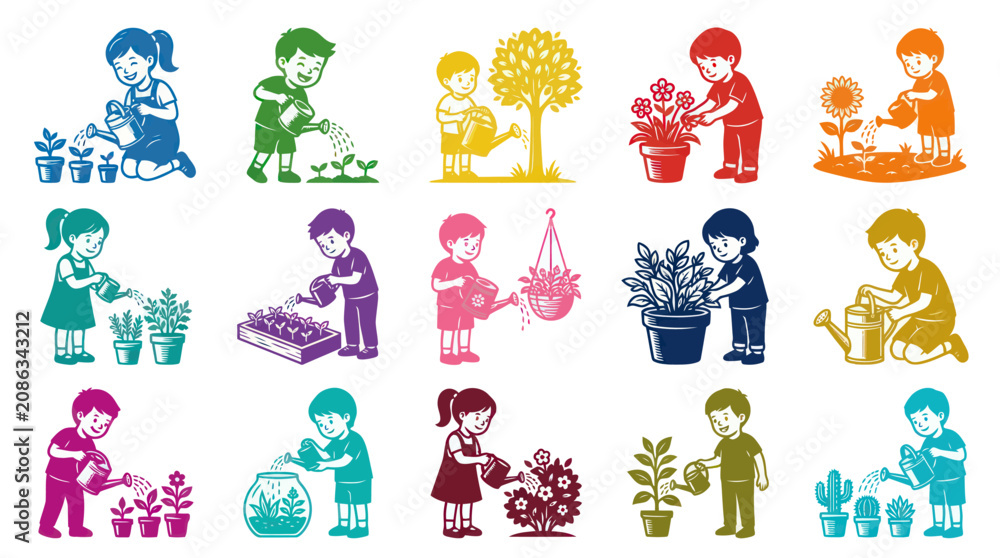Obraz premium Children Watering Plants, Gardening, Cute Flat Vector Illustrations