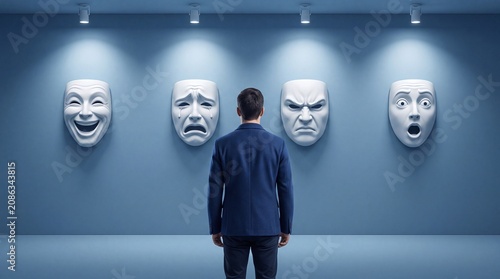 A businessman stands facing a blue wall adorned with four distinct white masks representing the diverse spectrum of human emotions with representing joy sadness