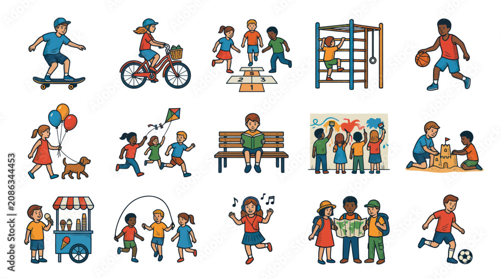 Fototapeta premium Happy Childhood Kids Playing and Learning Outline Illustration Set. Children Activities and Games.
