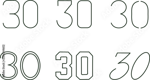 Set of number 30 outline typography designs featuring minimal numeric text icons isolated on white background for anniversary graphics