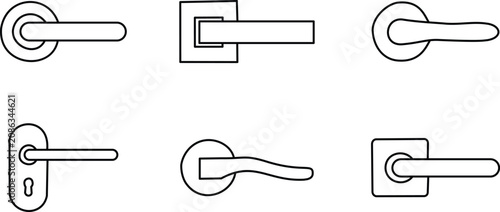 Minimal door handle line art icon collection featuring modern handle outline symbols isolated on white background for interface design