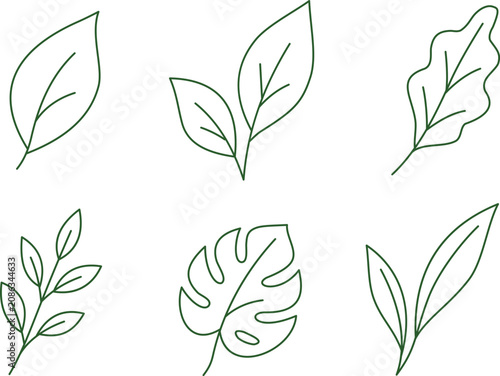 Minimal green leaf line art collection featuring botanical foliage outline icons isolated on white background for nature design