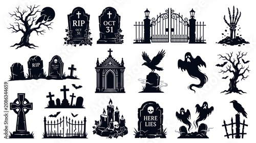 Konstfotografi Halloween cemetery silhouette icon bundle featuring spooky gravestones haunted g