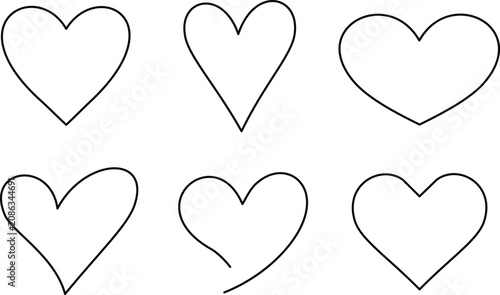 Simple heart outline icon collection featuring minimal love symbol line art isolated on white background for romantic design projects