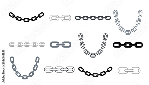 Metal chain links vector line icon set. Collection featuring curved chains, straight segments, heavy steel rings, connection loops, outline designs and industrial bond decorations.