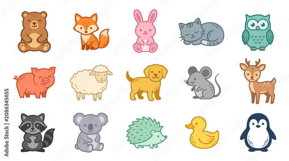Obraz premium Cute Cartoon Animals Collection - Vector Art, Flat Design, Cute