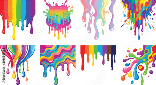 Abstract rainbow paint drip and splash vector set with vibrant liquid shapes, colorful gradients, and creative artistic design elements