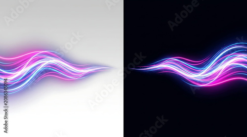 Vibrant Neon Light Streaks in Split-Screen Abstract Motion on Black Background