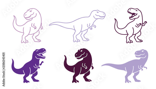 Tyrannosaurus rex dinosaur vector line art set. Purple cartoon t-rex silhouettes featuring roaring poses, prehistoric predators, profiles and creative ancient wildlife illustrations.