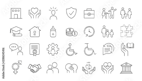 Line icon set, healthcare, social care, education, accessibility symbols