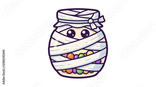Schilderij op canvas Cute Mummy Jar with Candy, Halloween Cartoon Illustration