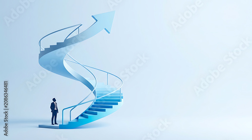 Business person standing by a spiral staircase pointing up towards a growth arrow symbol