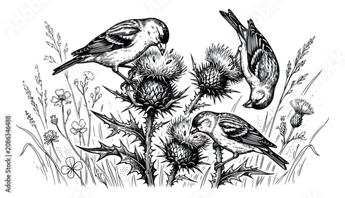 Fotografie Vintage goldfinch birds on thistle flowers, antique style songbird engraving, bl