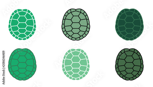 Green turtle shell vector flat icon set. Collection featuring tortoise carapace textures, reptilian scales, geometric patterns, outlines, armor plating and marine wildlife decorations.