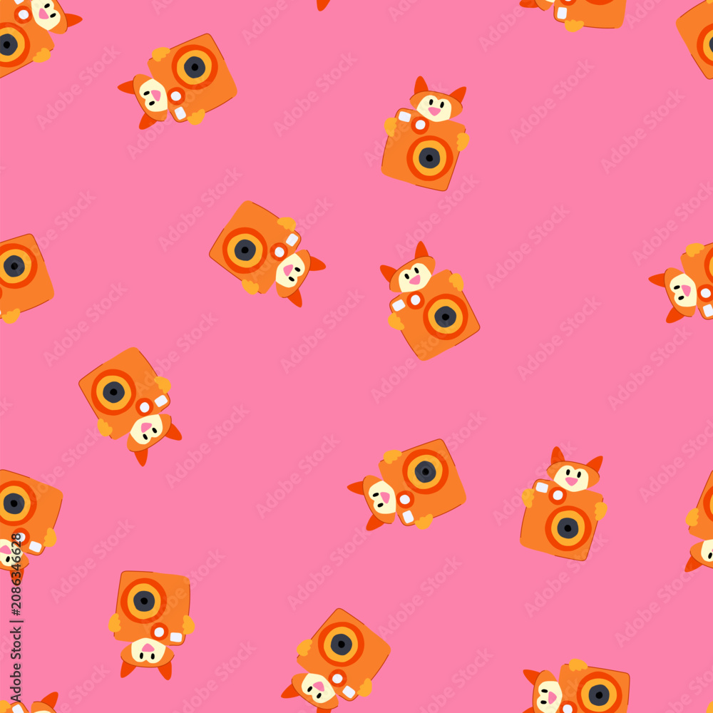 Obraz premium pattern zoom camera toy cartoon. focus shutter, film action, selfie vintage zoom camera toy sign. seamless vector illustration