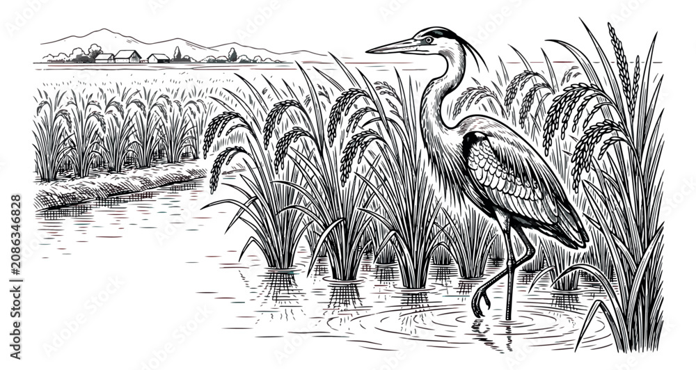 Fototapeta premium Vintage heron bird in rice field vector illustration, hand drawn crane standing in paddy water, rural landscape with aquatic plants and mountains