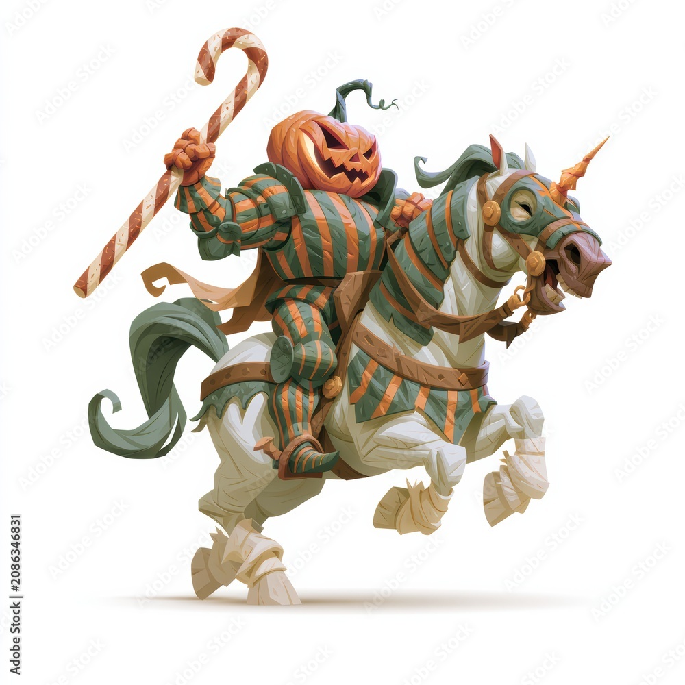 Fototapeta premium A pumpkin knight cartoon style rides a noble horse while holding a candy spear, a bold Halloween fantasy scene for festival graphics artwork.