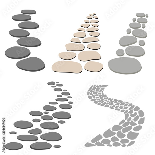 Photography Collection of balanced stone stacks and decorative pebble pathways for landscaping, spa concepts, garden designs, outdoor graphics, nature-themed illustrations, and creative design projects