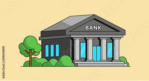 Traditional bank building with stone pillars and greenery