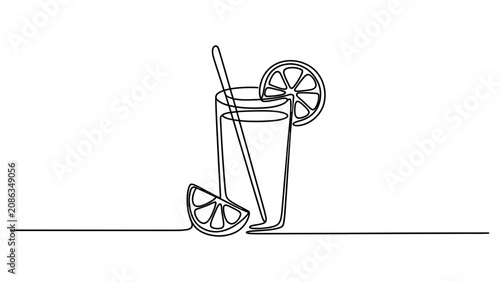 Bild auf Leinwand Continuous single line drawing of a glass of lemonade with lemon slices and a st