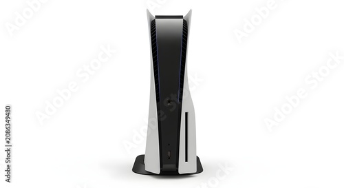 Modern Gaming Console Device Standing Upright Isolated on White Background for Entertainment Technology Concepts