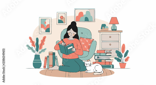 Cozy vector illustration of a young woman writing in her journal at home with her cat.