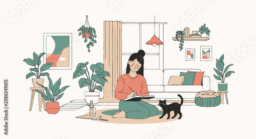 Cozy vector illustration of a young woman writing in a notebook on the floor of a plant filled living room with her cat.