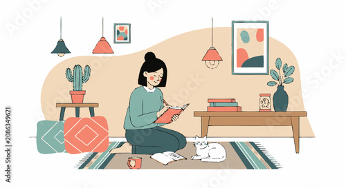 Cozy vector illustration of a young woman writing in her notebook on the floor with a cat.
