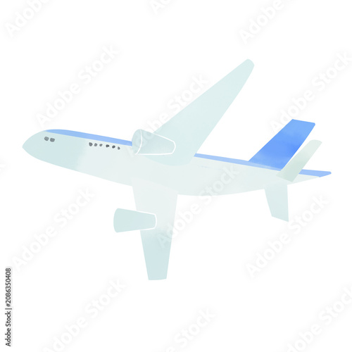 飛行機の水彩風イラスト　青と白の爽やかな旅客機が飛び立つ手描きカット
