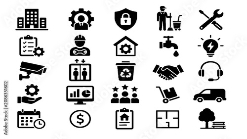 Property Management and Real Estate Line Icon Set with Buildings, Home, Maintenance and Finance Symbols