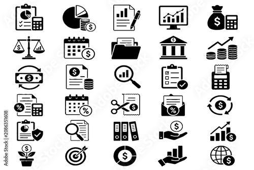 Accounting and Financial Management Line Icon Set with Reports, Banking, Tax and Investment Symbols