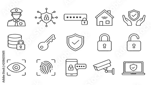 Cyber Security and Data Protection Line Icon Set with Privacy, Lock, Fingerprint and Surveillance Symbols