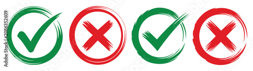 Foto Grunge check mark and cross icon set featuring hand drawn brush circles, green a