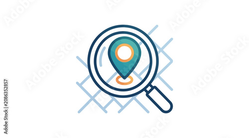 A stylized magnifying glass icon with a location pin, symbolizing search and navigation in a modern digital context, with a minimalist artistic style.