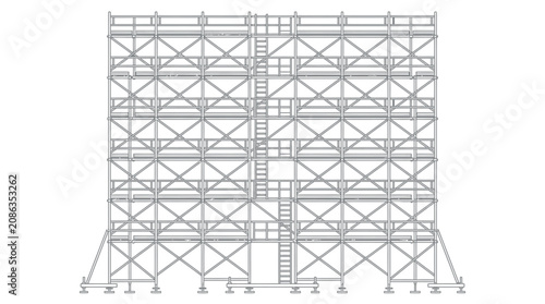 Detailed technical drawing of a large metal scaffolding structure with multiple levels, ladders, and crisscross supports, used for construction or maintenance purposes, in a minimalist engin